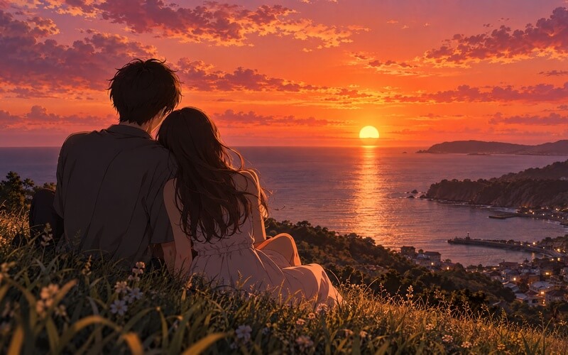 Ảnh anime cặp đôi ngắm hoàng hôn