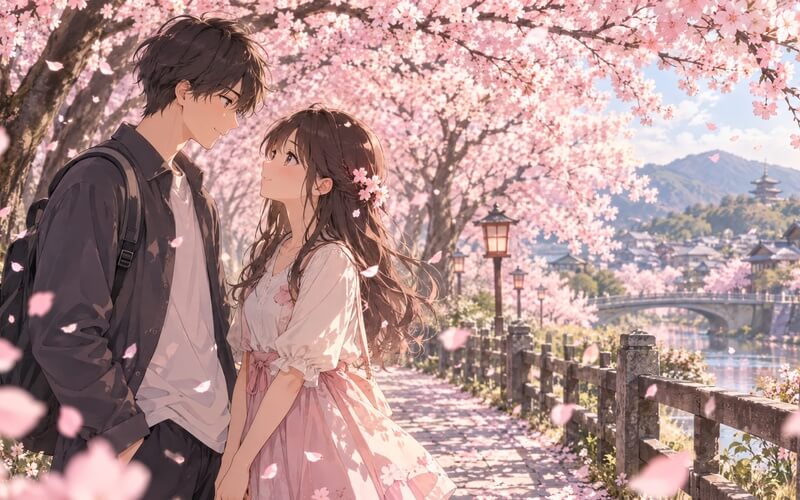 Ảnh anime tình yêu dưới hàng hoa anh đào